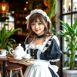 A charming girl in a delightful maid cosplay outfit, featuring a frilly black and white dress with lace details and a cute white apron