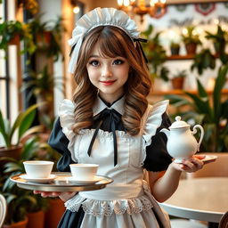 A charming girl in a delightful maid cosplay outfit, featuring a frilly black and white dress with lace details and a cute white apron
