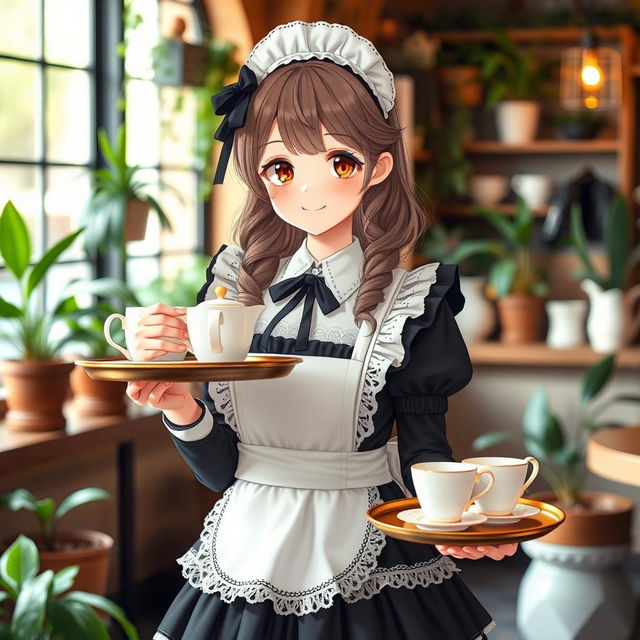 A charming girl in a delightful maid cosplay outfit, featuring a frilly black and white dress with lace details and a cute white apron