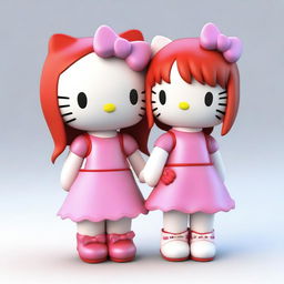 This is a high-quality 3D rendered image featuring a girl and boy Hello Kitty character holding hands