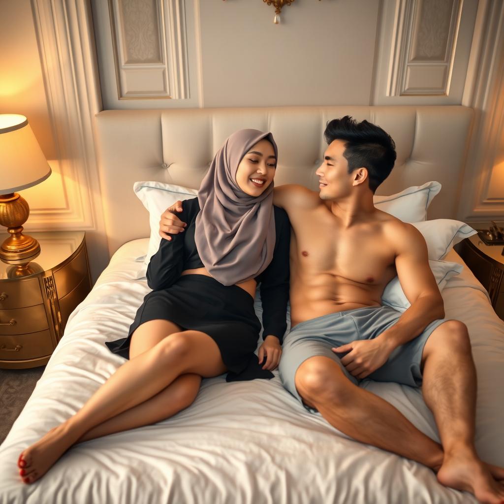 A 30-year-old Chinese woman wearing a hijab, lying on a bed in a luxurious and stylish bedroom