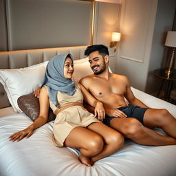 A 30-year-old Chinese woman wearing a hijab, lying on a bed in a luxurious and stylish bedroom