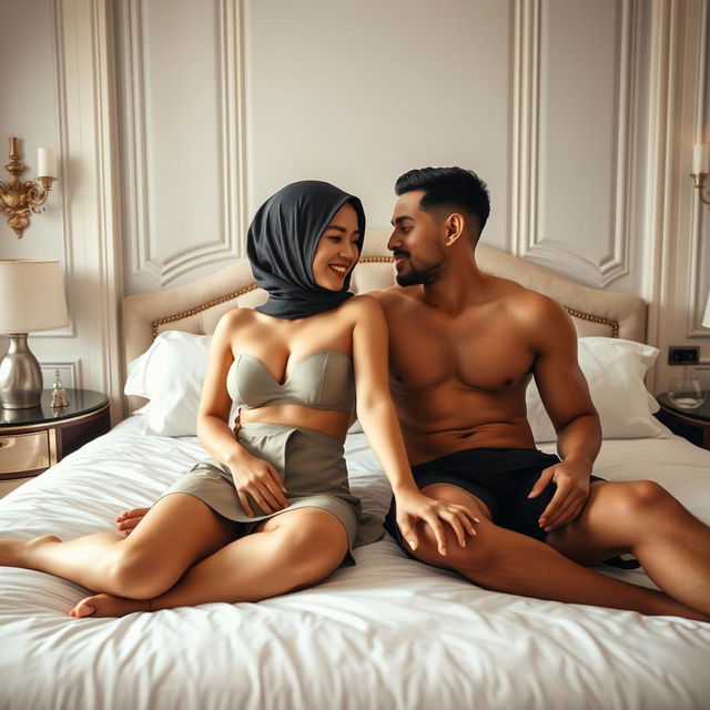 A 30-year-old Chinese woman wearing a hijab, lying on a bed in a luxurious and stylish bedroom