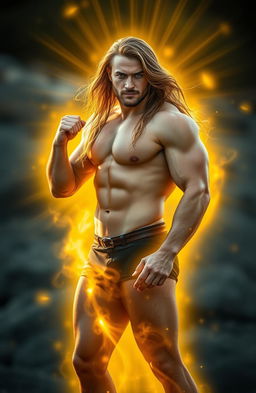 A long-haired, blue-eyed sturdy man standing confidently, emanating a radiant golden aura around his body