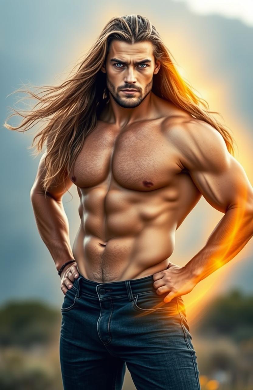 A long-haired, blue-eyed sturdy man standing confidently, emanating a radiant golden aura around his body