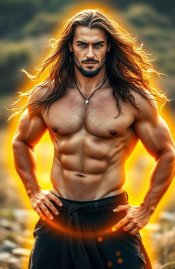 A long-haired, blue-eyed sturdy man standing confidently, emanating a radiant golden aura around his body