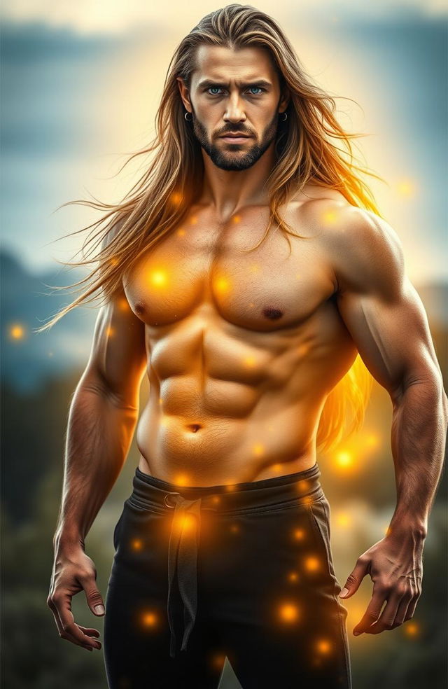 A long-haired, blue-eyed sturdy man standing confidently, emanating a radiant golden aura around his body