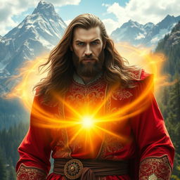 A man with long hair and striking blue eyes, showcasing a sturdy build, stands proudly while emitting a brilliant golden aura around his body