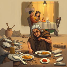 A poignant illustration depicting a sad elderly woman, Bhudi Kaki, struggling to eat from discarded plates (झूठी पत्तल) and waste, contrasted with a warm, cozy home scene in the background