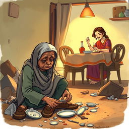 A poignant illustration depicting a sad elderly woman, Bhudi Kaki, struggling to eat from discarded plates (झूठी पत्तल) and waste, contrasted with a warm, cozy home scene in the background