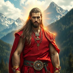 A man with long hair and striking blue eyes, showcasing a sturdy build, stands proudly while emitting a brilliant golden aura around his body