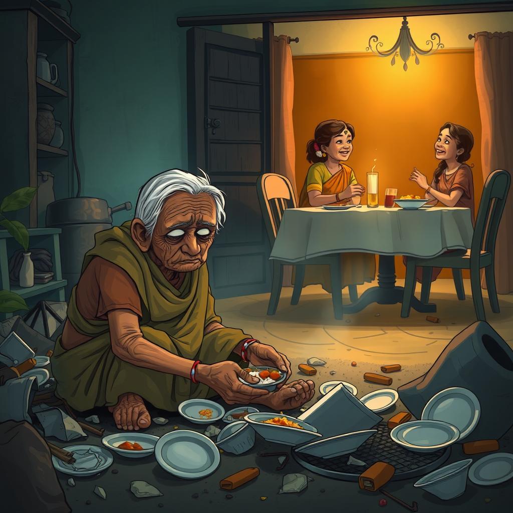 A poignant illustration depicting a sad elderly woman, Bhudi Kaki, struggling to eat from discarded plates (झूठी पत्तल) and waste, contrasted with a warm, cozy home scene in the background