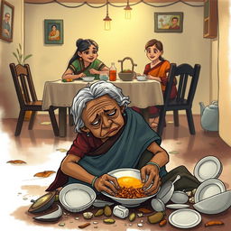 A poignant illustration depicting a sad elderly woman, Bhudi Kaki, struggling to eat from discarded plates (झूठी पत्तल) and waste, contrasted with a warm, cozy home scene in the background