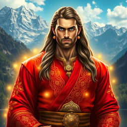 A man with long hair and striking blue eyes, showcasing a sturdy build, stands proudly while emitting a brilliant golden aura around his body