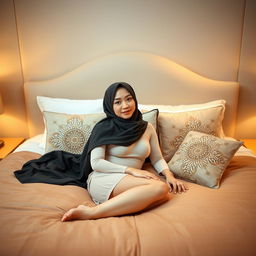 A 30-year-old Chinese woman wearing a hijab, comfortably lying on a plush bed in a beautifully decorated bedroom
