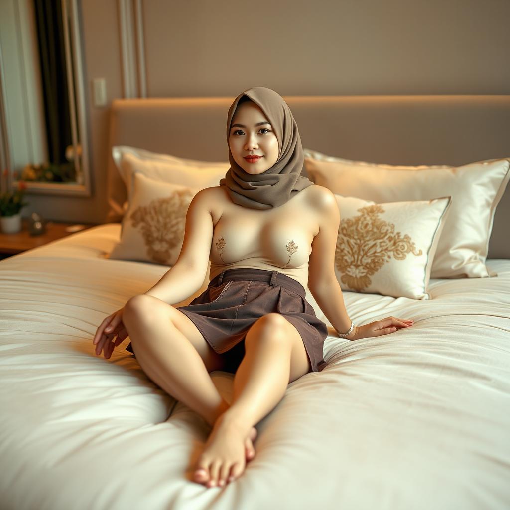 A 30-year-old Chinese woman wearing a hijab, comfortably lying on a plush bed in a beautifully decorated bedroom