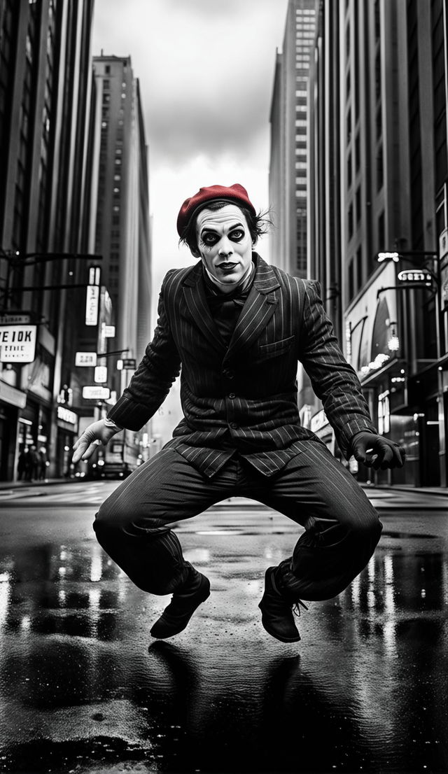 The 36k HD image now focuses on the Ghostpunk mime performing classic mime routines in a cityscape rendered in black, white, and red