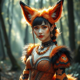 A charming woman dressed as a fox demon, featuring vibrant fox ears and a luxurious, fluffy tail