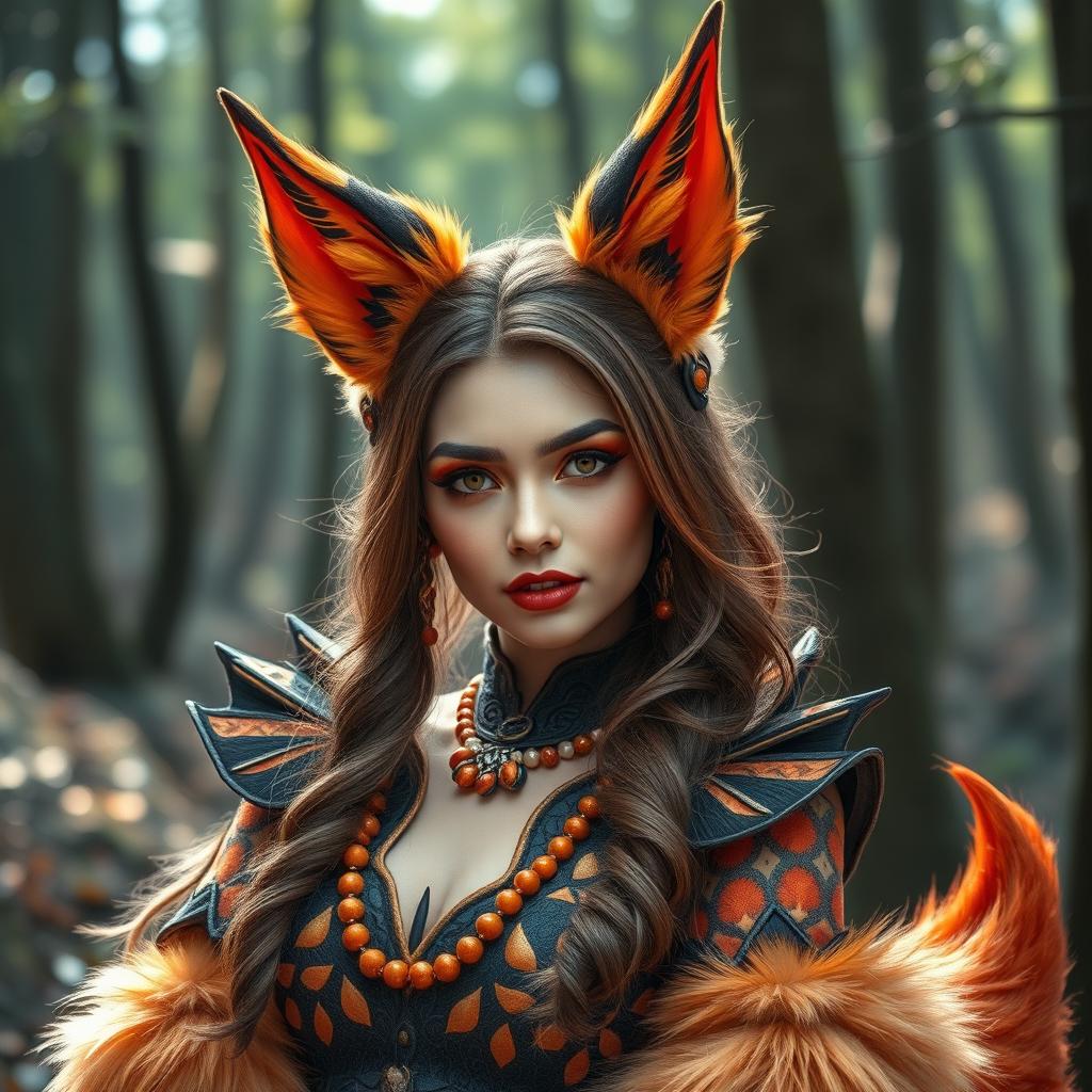 A charming woman dressed as a fox demon, featuring vibrant fox ears and a luxurious, fluffy tail