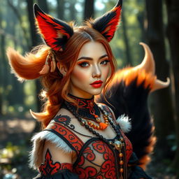 A charming woman dressed as a fox demon, featuring vibrant fox ears and a luxurious, fluffy tail
