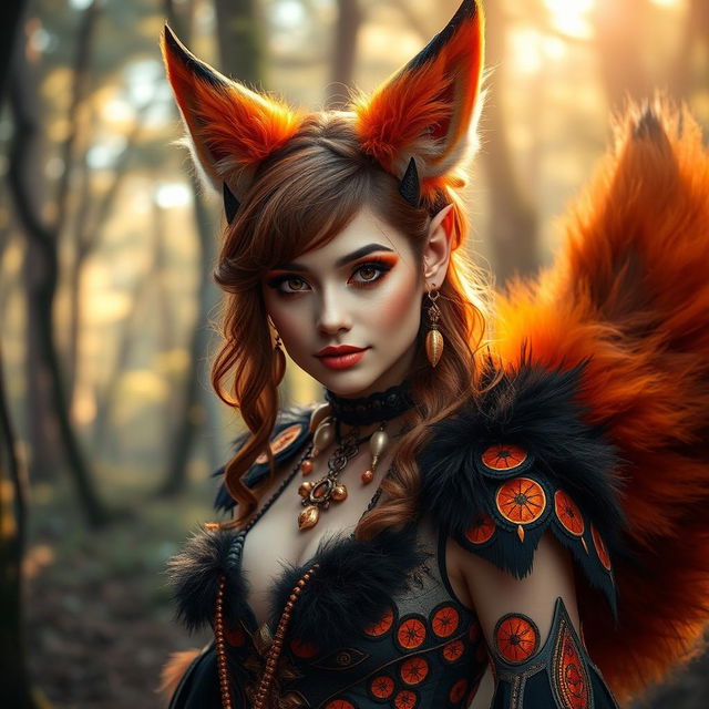 A charming woman dressed as a fox demon, featuring vibrant fox ears and a luxurious, fluffy tail