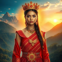 A young woman, 17 years old, with long hair, striking blue eyes, and a strong physique, emanating a brilliant golden aura around her body