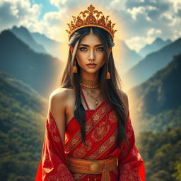 A young woman, 17 years old, with long hair, striking blue eyes, and a strong physique, emanating a brilliant golden aura around her body