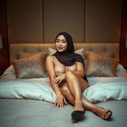 A 30-year-old Chinese woman wearing a hijab, elegantly lying on a luxurious bed