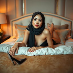 A 30-year-old Chinese woman wearing a hijab, elegantly lying on a luxurious bed