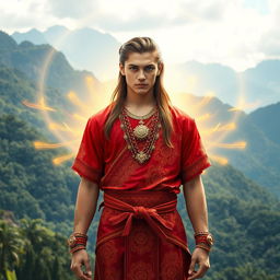 A 17-year-old man with long hair and striking blue eyes, possessing a sturdy physique, stands confidently while emitting a brilliant golden aura around his body