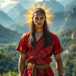 A 17-year-old man with long hair and striking blue eyes, possessing a sturdy physique, stands confidently while emitting a brilliant golden aura around his body