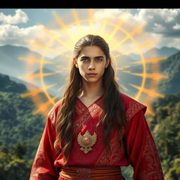A 17-year-old man with long hair and striking blue eyes, possessing a sturdy physique, stands confidently while emitting a brilliant golden aura around his body