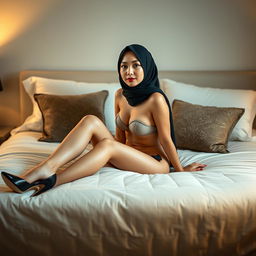 A stunning full-body portrait of a 30-year-old Chinese woman wearing a hijab, elegantly lying on a bed