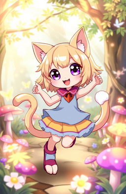A cute and playful catgirl, with large expressive eyes and fluffy cat ears, dressed in an adorable, colorful outfit