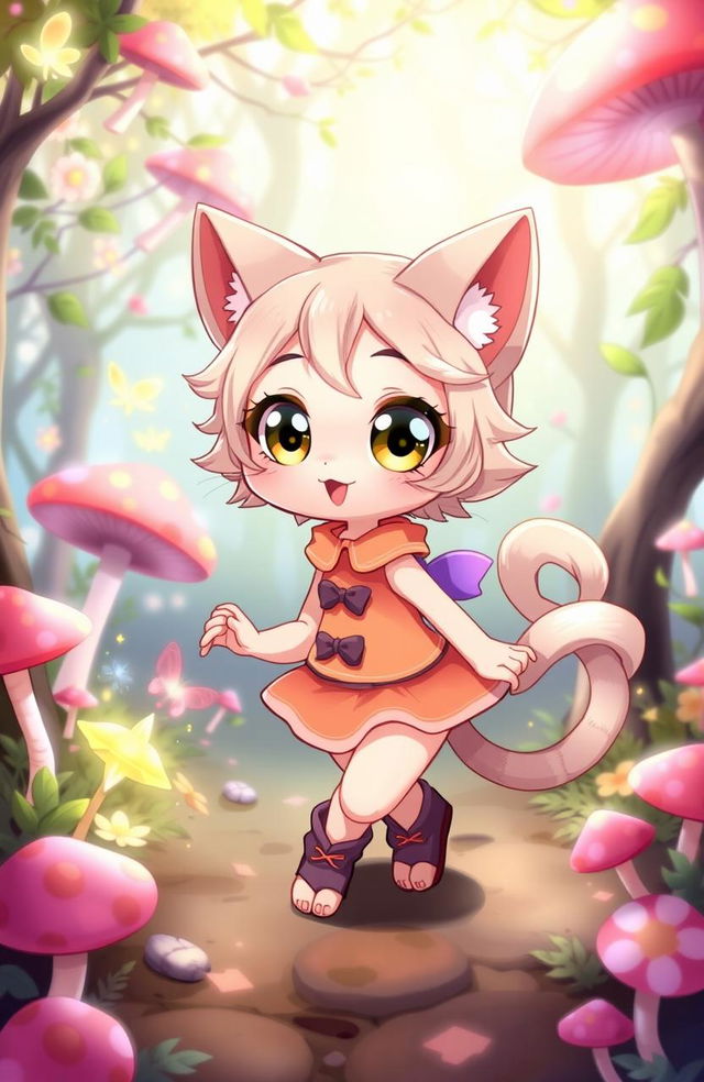 A cute and playful catgirl, with large expressive eyes and fluffy cat ears, dressed in an adorable, colorful outfit