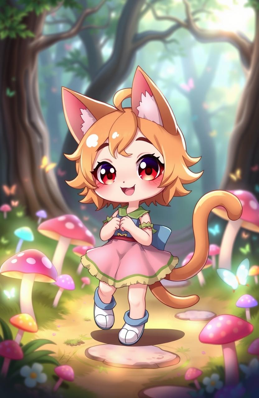 A cute and playful catgirl, with large expressive eyes and fluffy cat ears, dressed in an adorable, colorful outfit