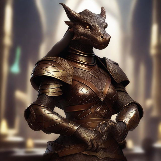 This digital art represents a female Bronze Dragonborn Artificer from Dungeons and Dragons