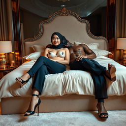 A stunning full-body portrait of a 30-year-old Chinese woman wearing a hijab, elegantly lying on a luxurious bed alongside a sexy Black man