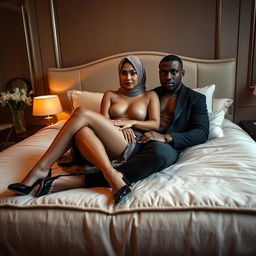 A stunning full-body portrait of a 30-year-old Chinese woman wearing a hijab, elegantly lying on a luxurious bed alongside a sexy Black man