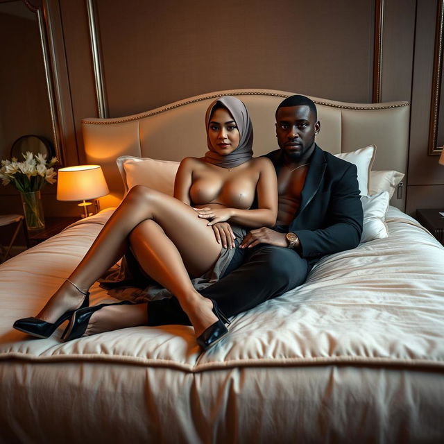 A stunning full-body portrait of a 30-year-old Chinese woman wearing a hijab, elegantly lying on a luxurious bed alongside a sexy Black man