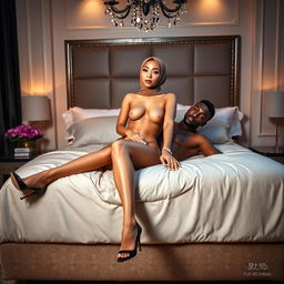 A stunning full-body portrait of a 30-year-old Chinese woman wearing a hijab, elegantly lying on a luxurious bed alongside a sexy Black man