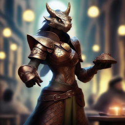 This digital art represents a female Bronze Dragonborn Artificer from Dungeons and Dragons