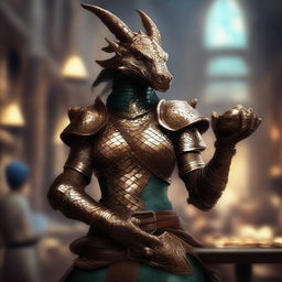 This digital art represents a female Bronze Dragonborn Artificer from Dungeons and Dragons