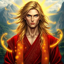 A 17-year-old man with long, flowing hair and striking blue eyes, possessing a sturdy and muscular physique