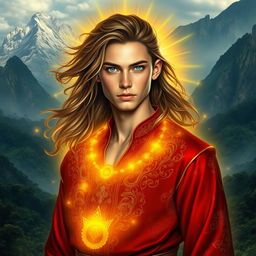 A 17-year-old man with long, flowing hair and striking blue eyes, possessing a sturdy and muscular physique