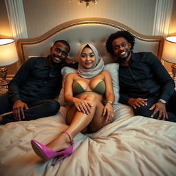 A captivating full-body portrait of a 30-year-old Chinese woman wearing a hijab, elegantly lying on a luxurious bed flanked by two attractive Black men