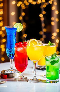 A beautifully arranged table featuring a vibrant and colorful assortment of cocktails