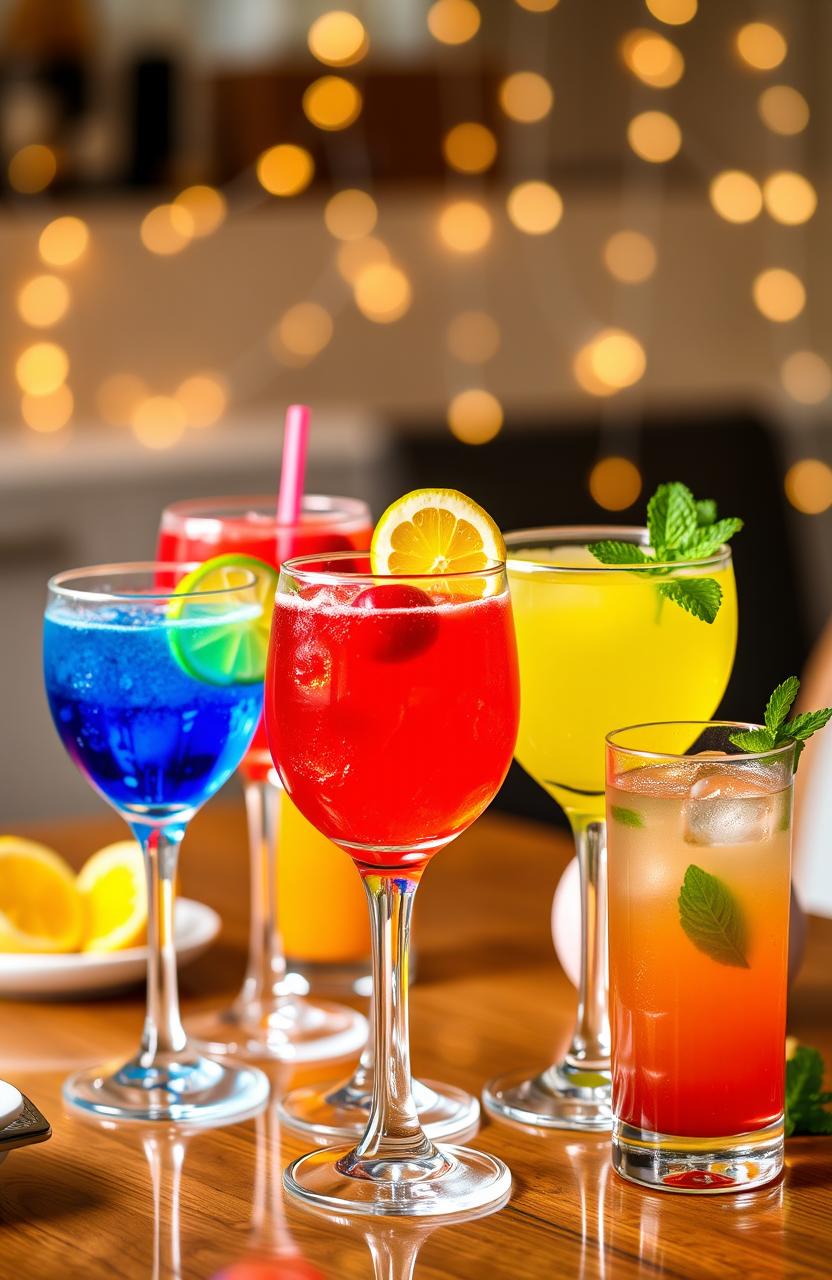 A beautifully arranged table featuring a vibrant and colorful assortment of cocktails