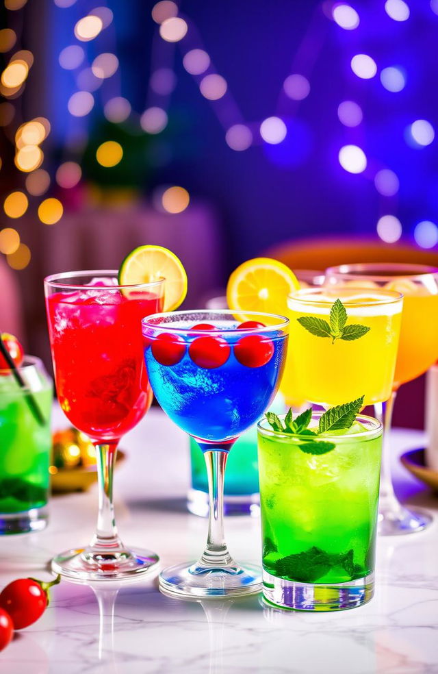 A beautifully arranged table featuring a vibrant and colorful assortment of cocktails