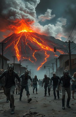 A dramatic scene depicting a volcanic eruption in the background with fiery lava flowing down the mountainside, ash clouds billowing into the sky, while in the foreground, chaotic scenes of a zombie outbreak unfold